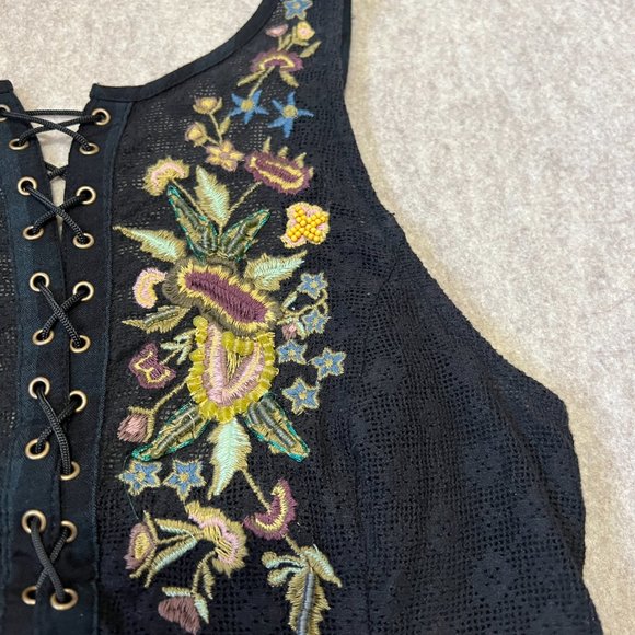Free People Dress Size 2 Embroidery Insert Lace Up Black High Low Beaded Boho - Picture 4 of 13